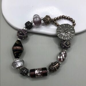 Murano, foil art glass bead, pewter sun clasp bracelet, boho 90's artisan UNISEX